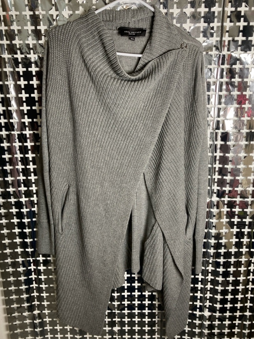 Alfani Gray Ribbed Wrap Cardigan with Cowl Neck